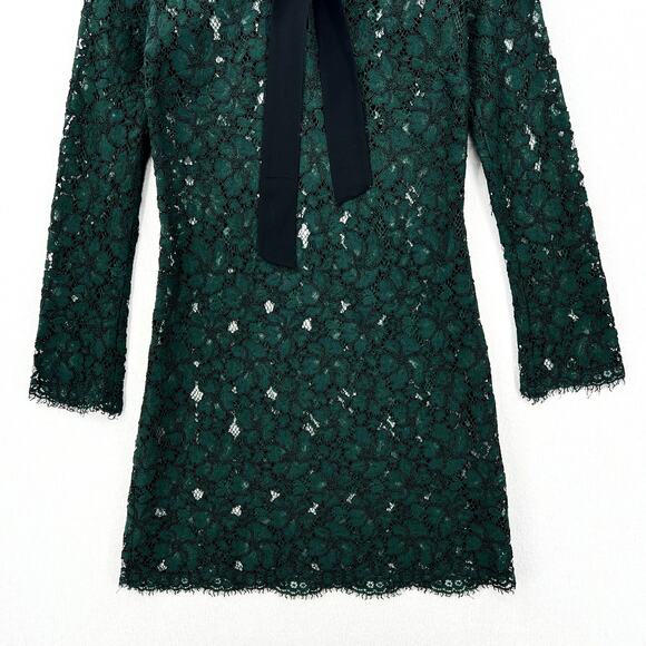 SANDRO Lace Dress Womens Small Green Long Sleeve Tie Neck Mini Sheath - Picture 10 of 16